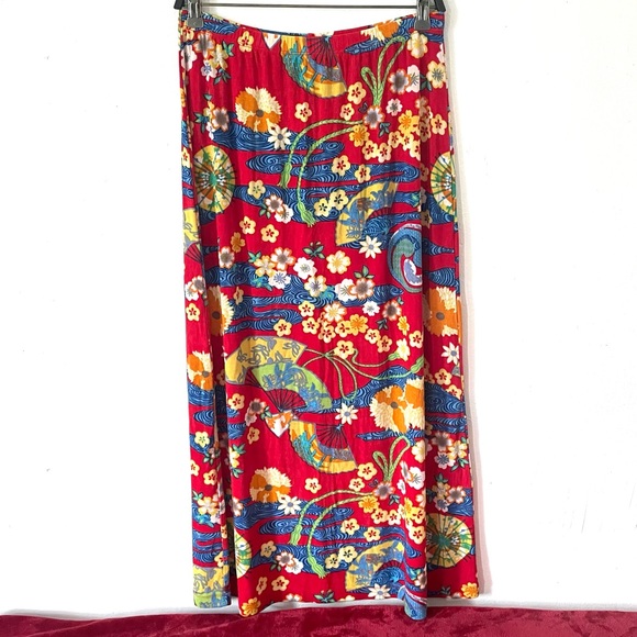 Slinky Brand red oriental floral print textured midi skirt - Picture 1 of 5